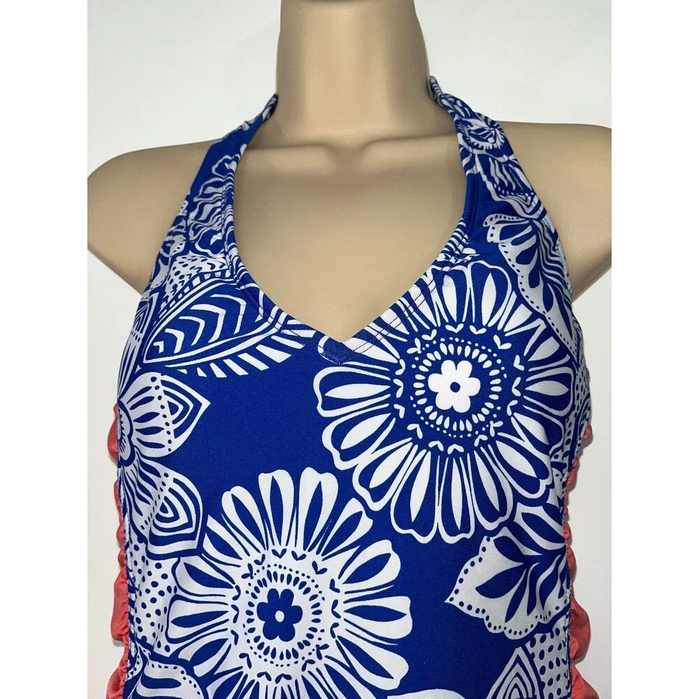 Cleanwater Blue & White Floral One-Piece Swimsuit ~ Size L